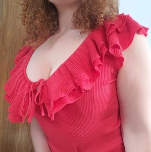 Lauren By Ralph Lauren Ruffle Ribbed V Neck Top